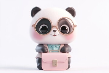 Adorable panda wearing glasses and holding a pink briefcase, ready for work or school.