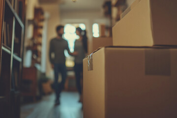 Family Relocation with Cardboard Boxes and Belongings in New Apartment Interior, Generative AI photo art