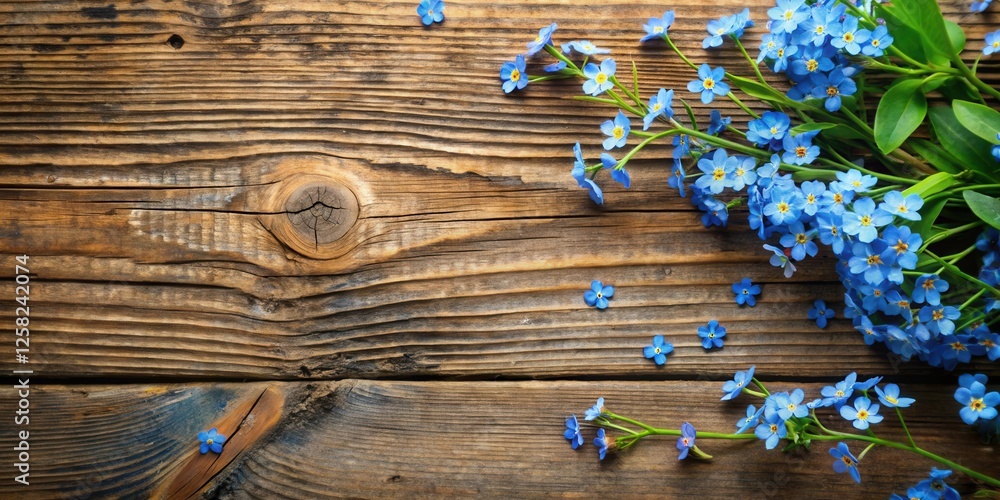 Poster delicate blue forget-me-nots gracefully arranged on a rustic wooden surface, creating a charming nat