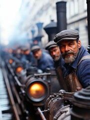 A crew of workers attending to steam machinery at a bustling station, illuminated by the warm glow of lanterns, capturing the essence of labor in the steam age.