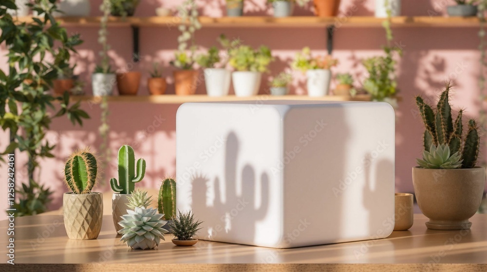 Poster a wooden table adorned with a variety of potted plants, set against a pink wall. the plants vary in 