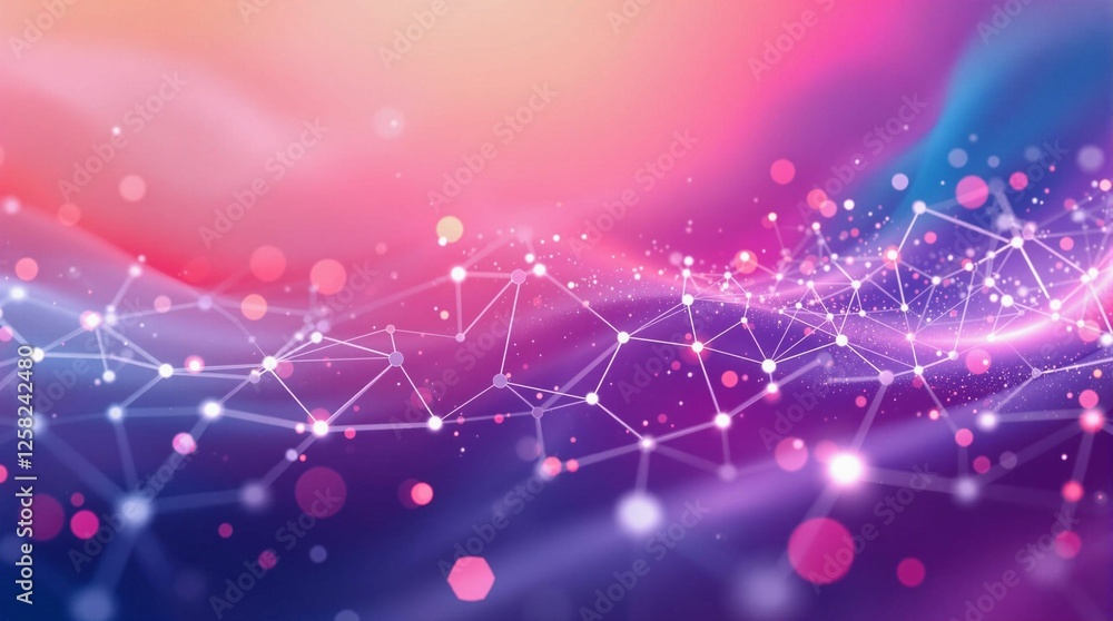 Poster A vibrant, abstract digital artwork featuring a network of connected lines and dots, set against a gradient background transitioning from a soft pink to a deep blue. The digital art is characterized b