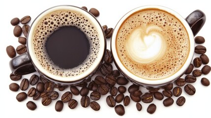 Fototapeta premium Freshly Brewed Coffee Cups with Aromatic Coffee Beans Surrounding Them