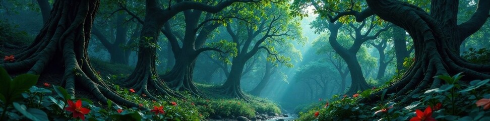 Fototapeta premium Dark forest with twisted vines and exotic leaves, dense foliage, mysterious atmosphere