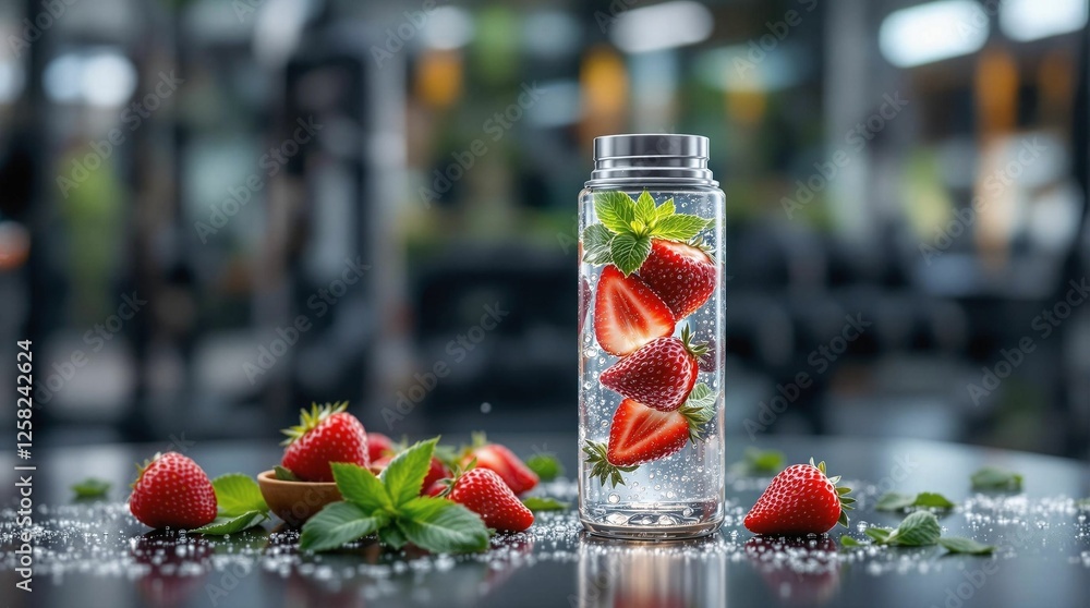 Poster a glass jar filled with water and slices of strawberries, accompanied by mint leaves, placed on a su