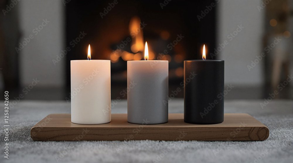 Poster a cozy indoor setting with a fireplace as the backdrop, illuminated by three candles placed on a woo