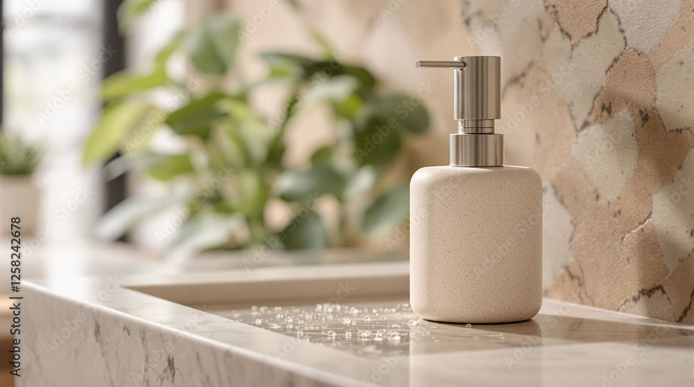 Poster a bathroom setting with a soap dispenser placed on a marble counter, surrounded by a wall with a mar