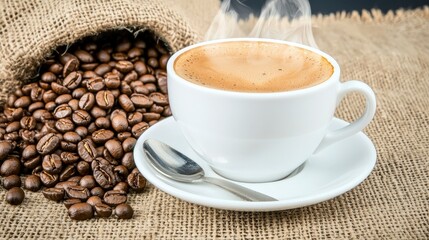Fototapeta premium Steam Rising from Freshly Brewed Coffee in Ceramic White Cup