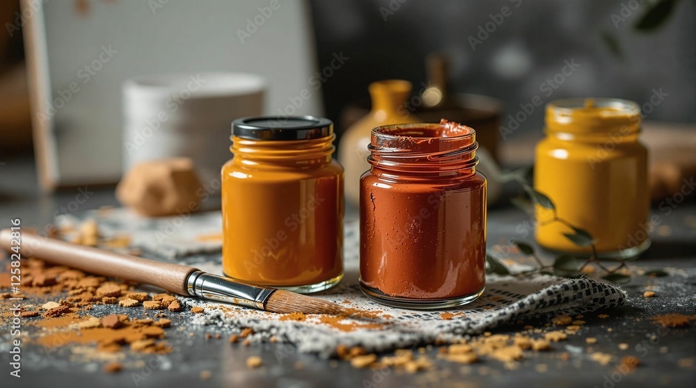 Poster A rustic setting with three glass jars filled with a rich, orange-red sauce, a paintbrush resting on a cloth strewn with what appears to be cocoa powder. The background is slightly blurred, emphasizin