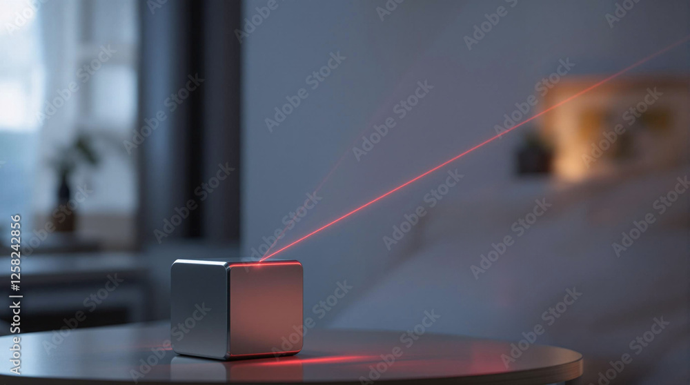 Aufkleber A room with a table in the foreground, on which sits a cube-shaped object emitting a bright red laser beam. To the left, a window with a curtain is partially open, revealing a blurred background with 