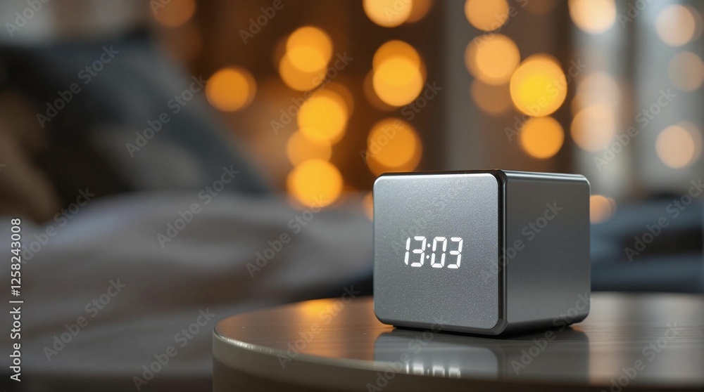 Aufkleber a digital clock sitting atop a table, with a blurred background suggesting a cozy indoor setting. th