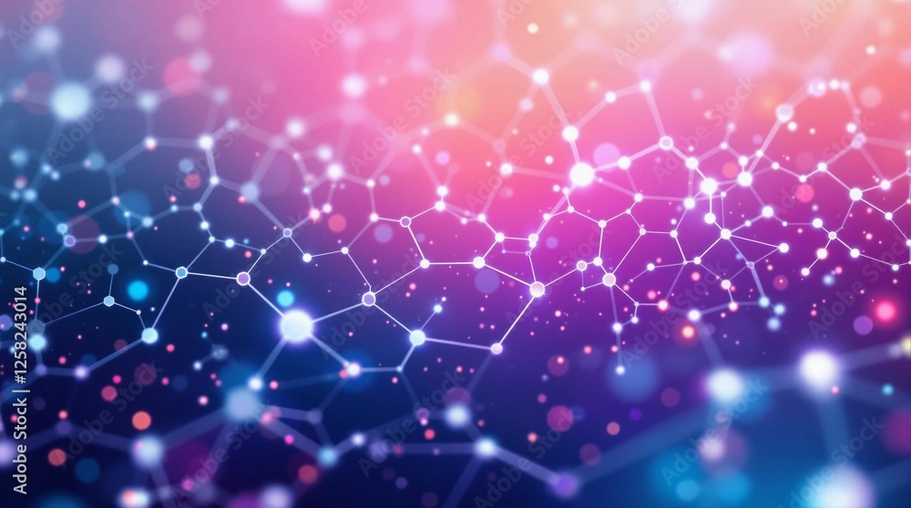 Poster a vibrant, abstract digital artwork featuring a network of interconnected hexagons, illuminated by a