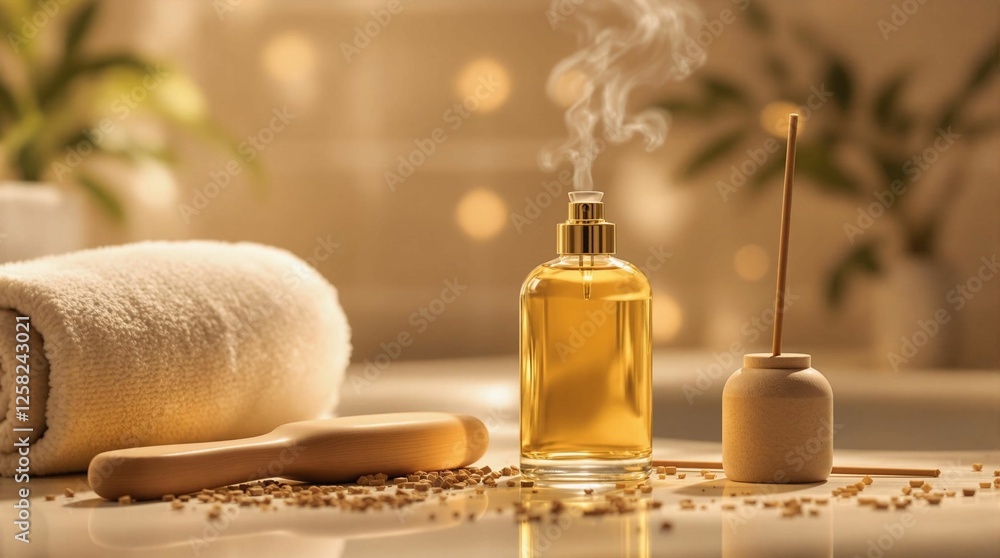Poster a tranquil spa setting, featuring a rolled towel, a bottle of essential oil, and a wooden object, al