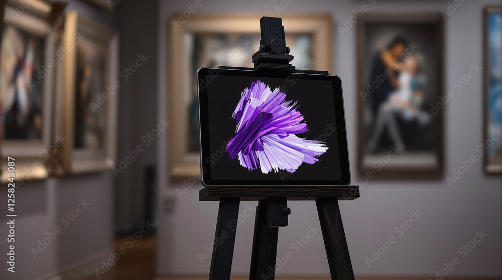 Poster a digital easel displaying a vibrant purple flower on a black canvas, set against a backdrop of a ga