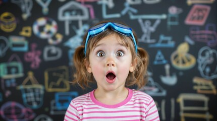 A young girl in a pink and white striped shirt and blue goggles on her head, standing in front of a chalkboard filled with colorful drawings.