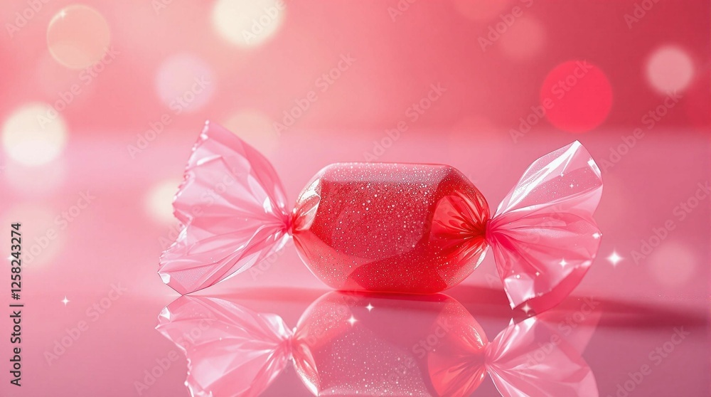 Poster a close-up shot of a red, glossy candy wrapped in a transparent plastic bag, set against a blurred p