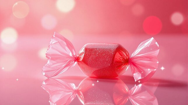 A close-up shot of a red, glossy candy wrapped in a transparent plastic bag, set against a blurred pink background with a bokeh effect.