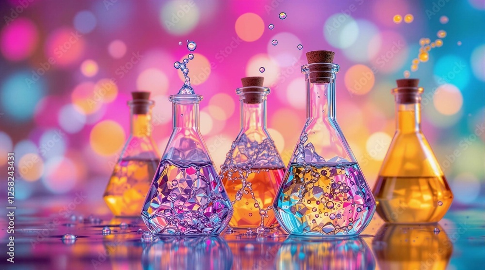 Poster a row of glass bottles filled with colorful liquids, set against a vibrant, blurred background. the 