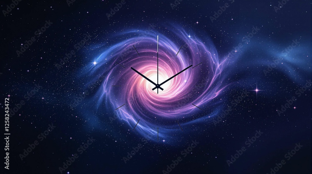 Poster a vivid depiction of a cosmic scene, with a spiral galaxy in the center, surrounded by a myriad of s