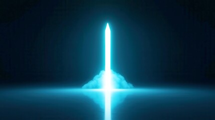 Abstract blue business strategy backdrop featuring an ascending rocket, emphasizing growth and innovation, with a minimalist design and ample free space for ideas.