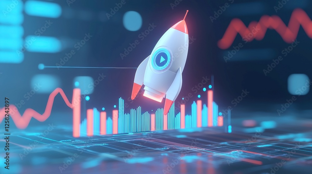 Poster abstract financial success concept featuring a sleek spaceship soaring among dynamic graphs, minimal