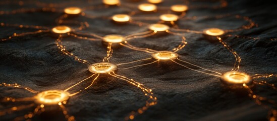 Glowing network nodes on dark surface, abstract background, tech concept