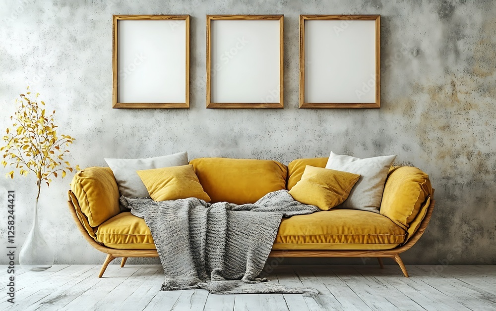 Sticker Cozy yellow sofa, autumn decor, blank frames, concrete wall, interior design mockup