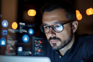 A thoughtful man with a beard concentrates on his laptop, surrounded by a dimly lit ambiance that creates an atmosphere of focus and dedication to technology.
