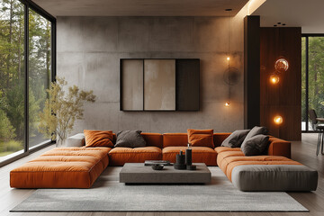 Photographie immobilière d'un salon moderne contemporain avec des murs en béton, du mobilier design et un éclairage d’ambiance doux