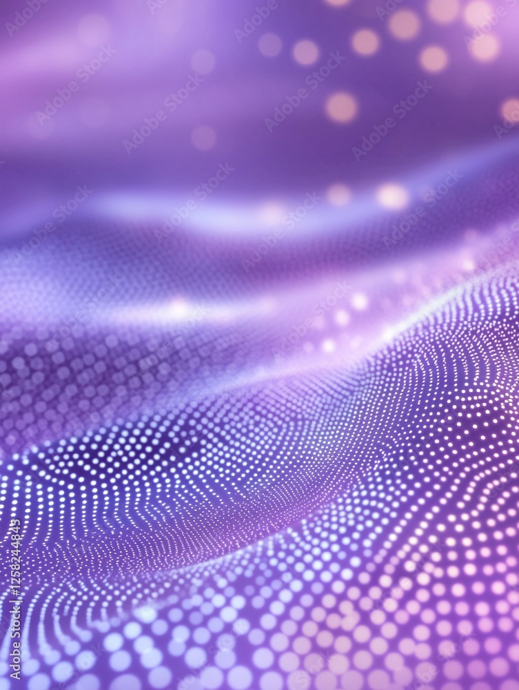 Poster abstract purple wave pattern with shimmering light points and glowing particles, modern design.