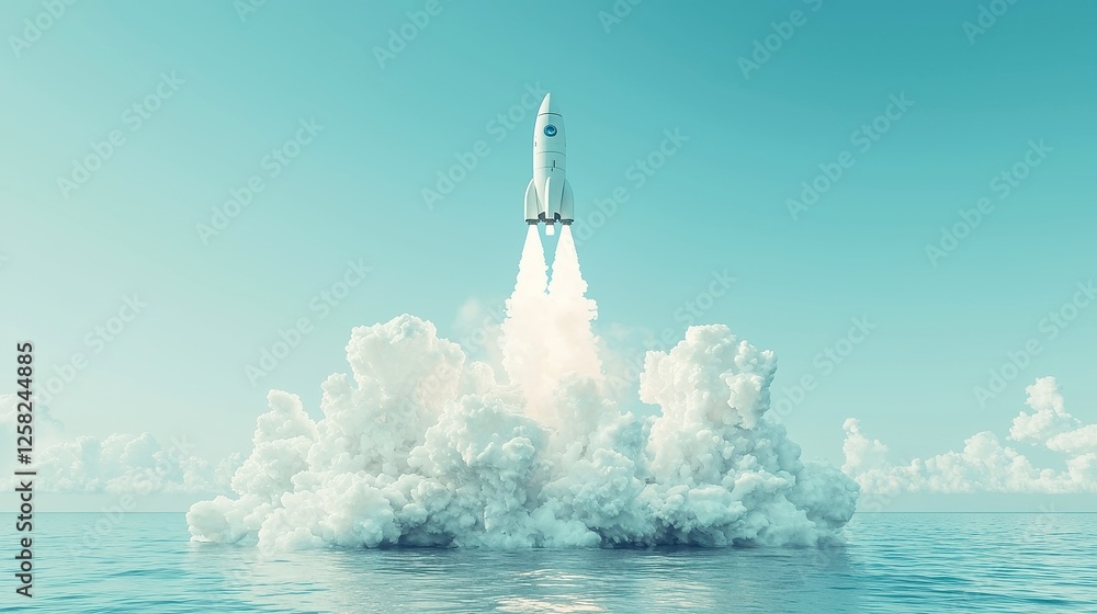 Poster ai-powered business innovation soaring with a rocket, minimalist backdrop, clean design, emphasizing
