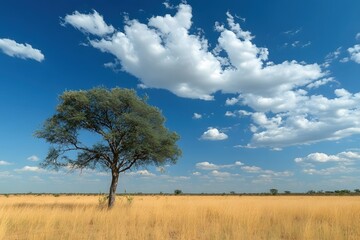 Fototapeta premium Serene Landscape of African Savannah with Solitary Tree under a Bright Blue Sky and Clouds