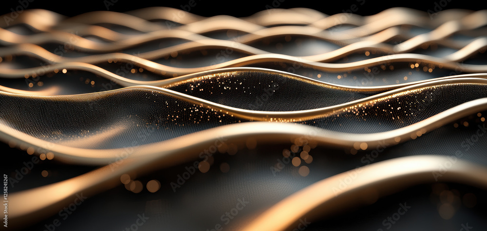 Poster Dynamic golden waves with shimmering particles create mesmerizing visual effect, evoking sense of fluidity and elegance. interplay of light and shadow enhances depth and texture of scene