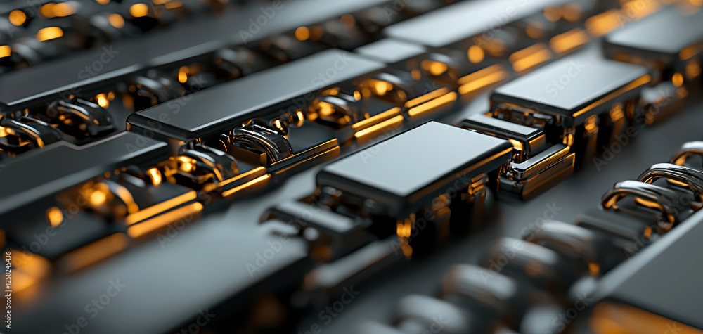 Aufkleber close up view of complex code structure featuring seamless data exchange elements, showcasing metallic components with sleek design and warm lighting