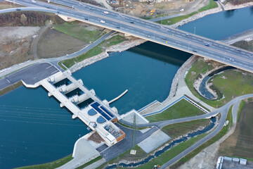 Aerial view of the newest hydro-electric powerplant at the river Mur north of Graz, Austria