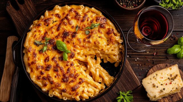 Macaroni Italian cheddar concept. A deliciously baked macaroni and cheese in a skillet, topped with a golden crust, garnished with herbs, and accompanied by wine and cheese on a rustic wooden table.