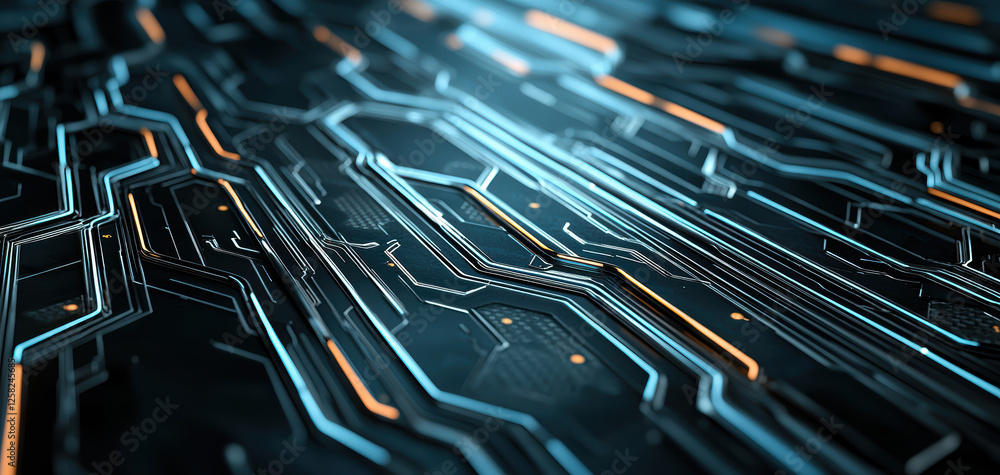 Poster Futuristic circuit board design with glowing lines and patterns, showcasing technology and innovation. intricate details create sense of depth and complexity