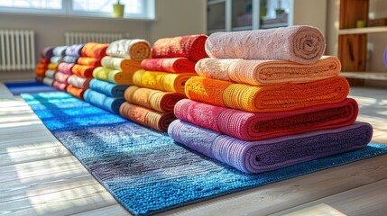 Colorful Rolled Towels Arranged on a Blue Rug