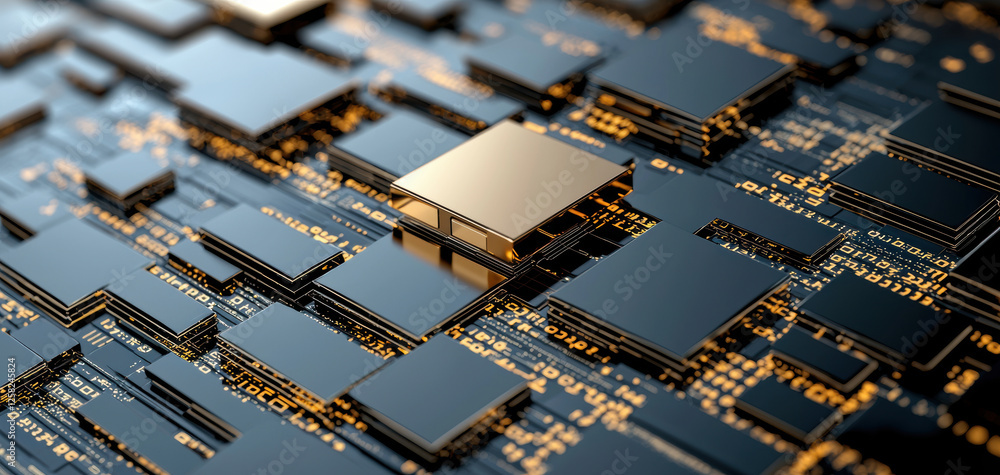 Leinwandbilder High tech circuit board with intricate patterns and golden chip. This showcases seamless data exchange application with complex code structure, emphasizing modern technology