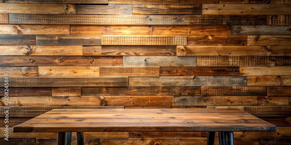 Poster rustic wooden tabletop with a warm light casting a glow on the surface, framed by a backdrop of stac