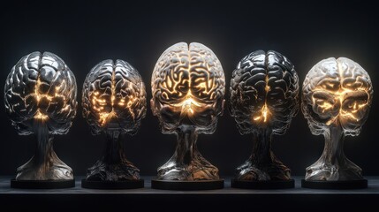 Glowing brains illuminate ideas; dark background, concept art