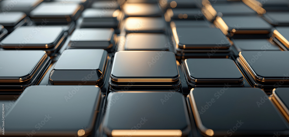 Poster sleek black tiles with metallic edges arranged in modern pattern, reflecting light beautifully. this