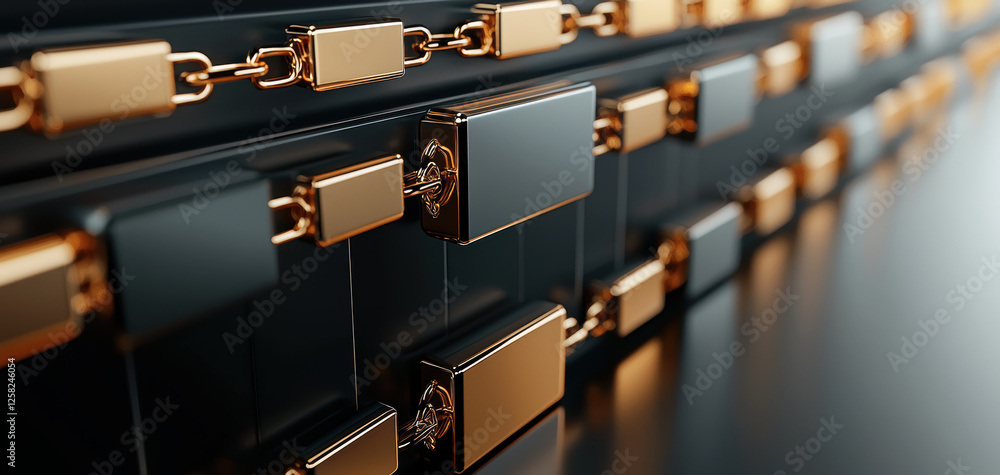 Poster seamless chain of interconnected blocks representing data exchange, showcasing modern and sleek design. metallic elements reflect light, creating dynamic visual effect