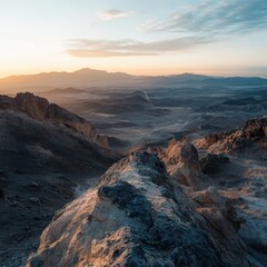 Fototapeta premium Desert sunset vista, rocky peak, mountain range background, travel poster