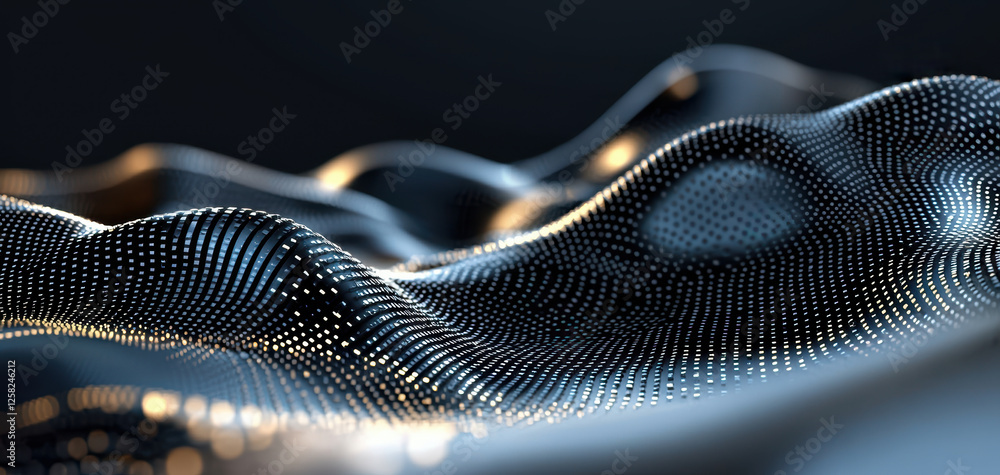 Poster Digital landscape with flowing waves of light and dots creating depth and movement. This abstract representation evokes sense of fluidity and modern technology