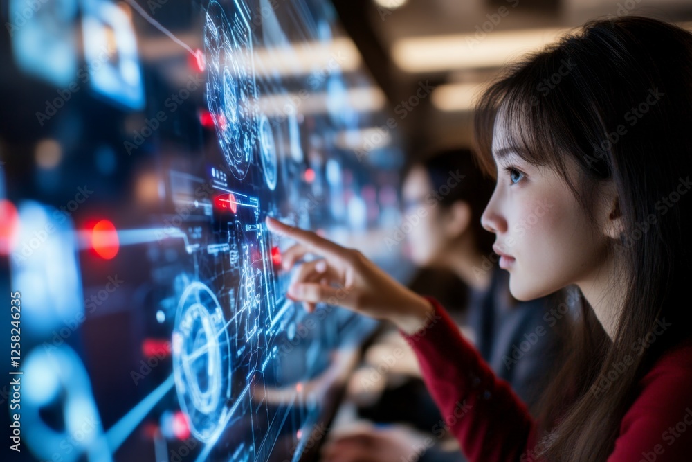 Poster a high-tech futuristic registrar office where students submit digital applications using holographic