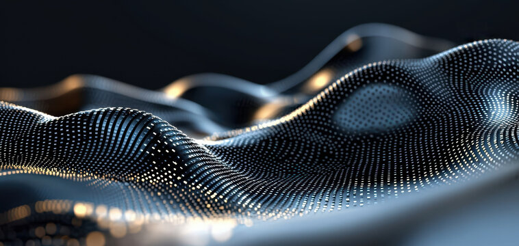 Digital landscape with flowing waves of light and dots creating depth and movement. This abstract representation evokes sense of fluidity and modern technology