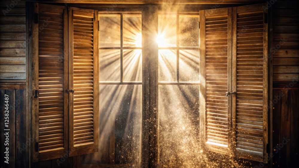 Aufkleber sunlight streams through a wooden window with shutters, illuminating dust particles in a golden glow