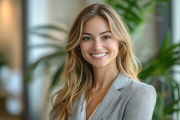 Fototapeta premium Smiling businesswoman portrait, modern office, plants background, corporate headshot