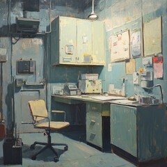 Dimly lit office, documents, desk, night, bunker, research, security, surveillance, interior,  illustration